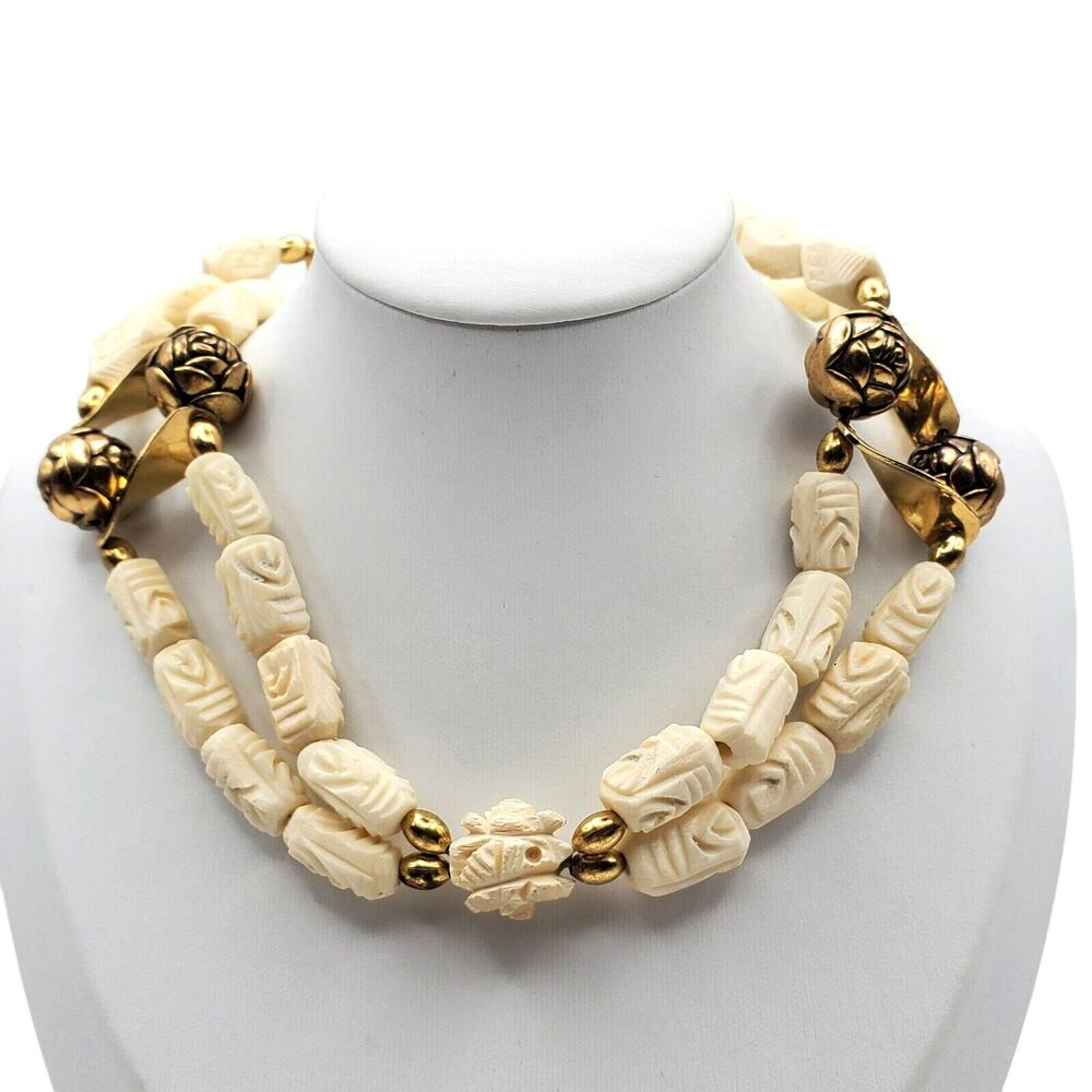 Acrylic Carved‎ Off White Beaded Choker Necklace Brass Tribal Boho Ethnic Rose